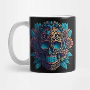 Blossoming Shadows: Black and Gold Sugar Skull Art with Floral Intricacy Mug